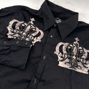 Roar Men's Black Long Sleeve Button Up Stamina Crown Rhinestone Embellished XL